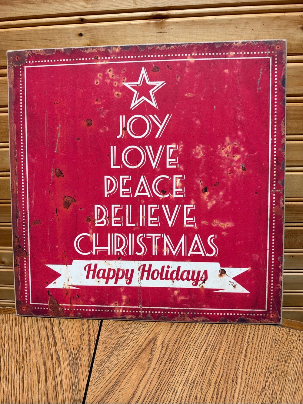 Happy Holidays Red Christmas Wall Sign - Joy Love Peace Believe 11x11